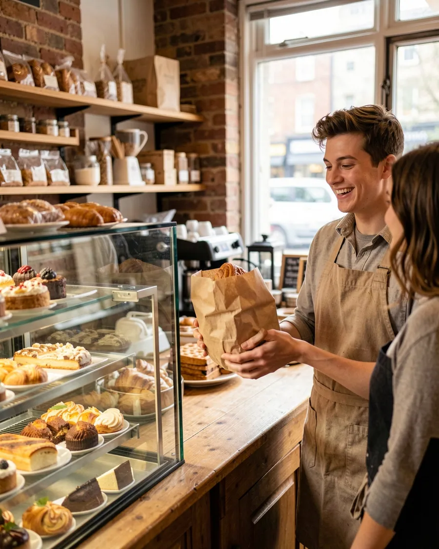 Baker handing a bag of pastries to a customer